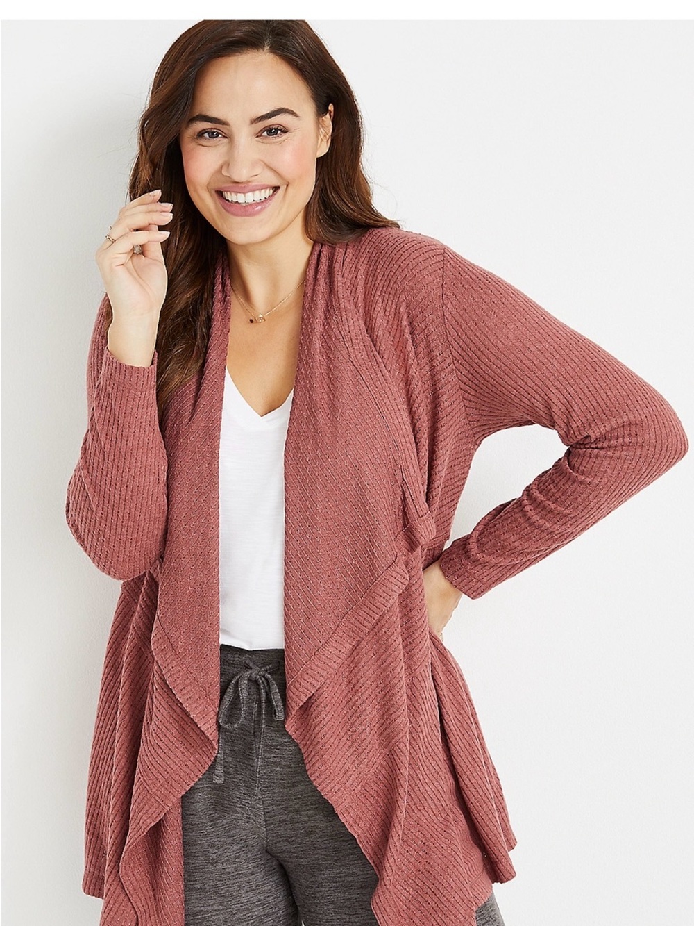 Plus Size 2X Waterfall Cardigan – Rose Ribbed Knit – P2P 28” - Picture 1 of 5